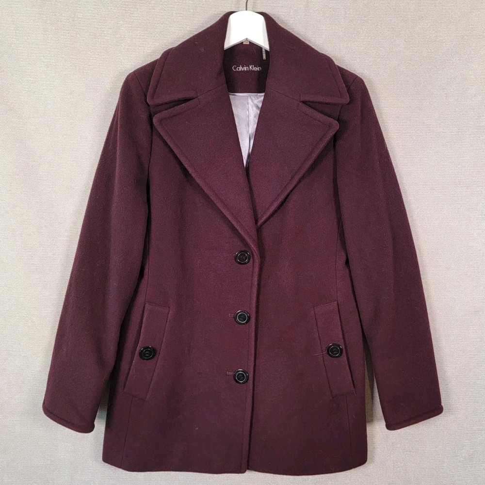 Calvin Klein Pea Coat Wool Cashmere Blend Business Jacket Womens Small Burgundy